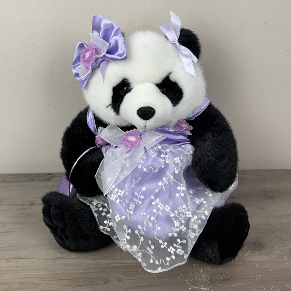 Vtg 1997 Build A Bear Panda Black White Stuffed Teddy w/ Clothes Purse Bows HTF